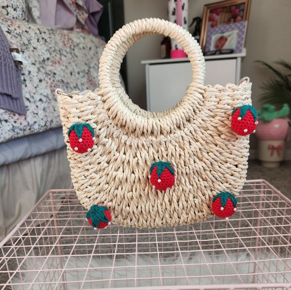 Strawberry Embellished Straw Tote Bag